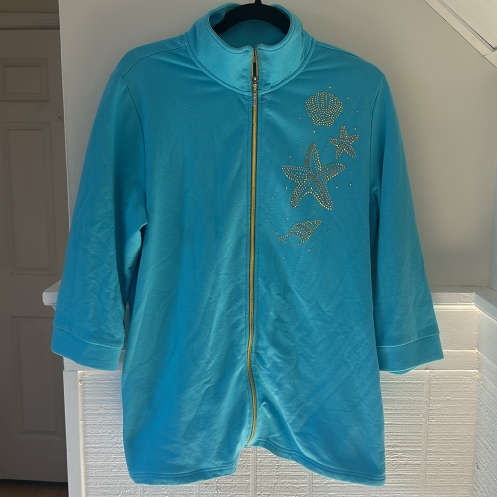The Quacker Factory Blue 3/4 Sleeve Jacket with Gold Sequin Starfish Medium